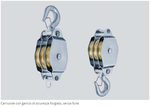 CARRUCOLE CON GANCIO DI SICUREZZA FORGIATO E CARRUCOLE UNIVERSALI CON FUNE  – Soletra